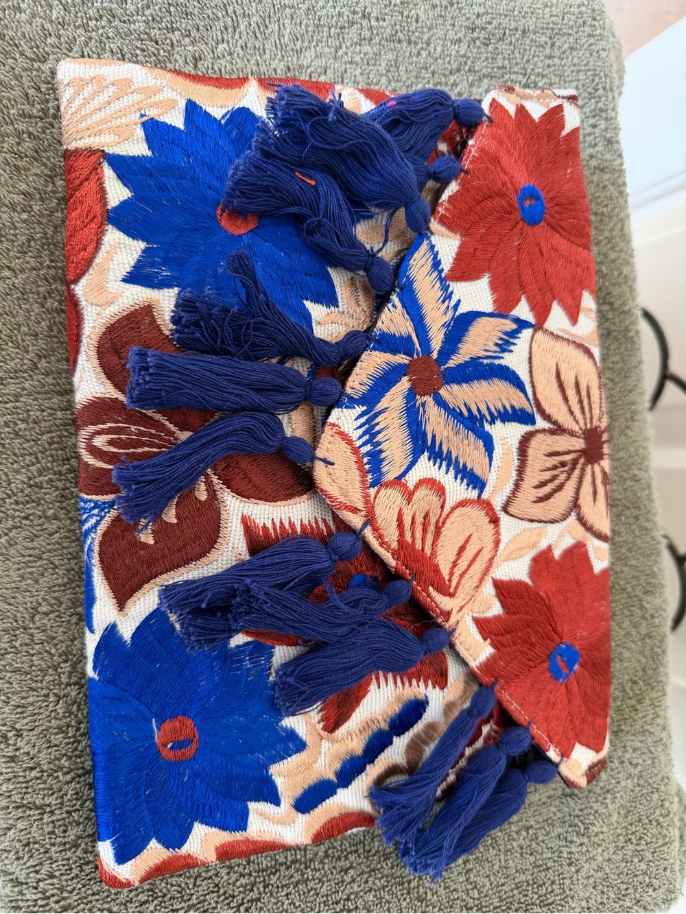 Embroidered Floral Tassel Pillow Cover in Blue and Red